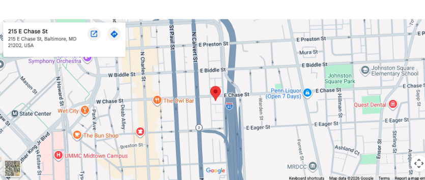 Map centered on Jay's Catering at 251 East Chase Street in Baltimore